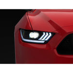 Raxiom black housing projector headlights with clear lenses and white LED accents for 2015-2022 Ford Mustang.
