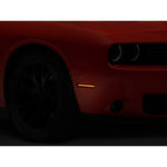 Four Raxiom Axial Series smoked LED side marker lights for Dodge Challenger showing front amber and rear red SMD strips.
