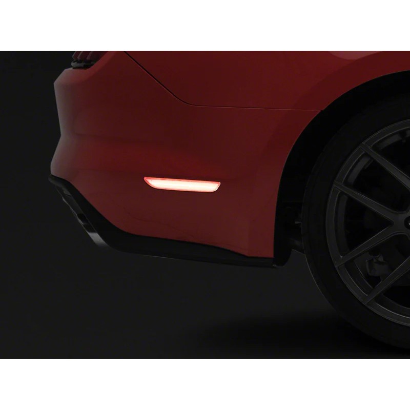 Raxiom Axial Series rear LED side marker lights with clear lenses and red LED strips for 2015-2023 Ford Mustang.
