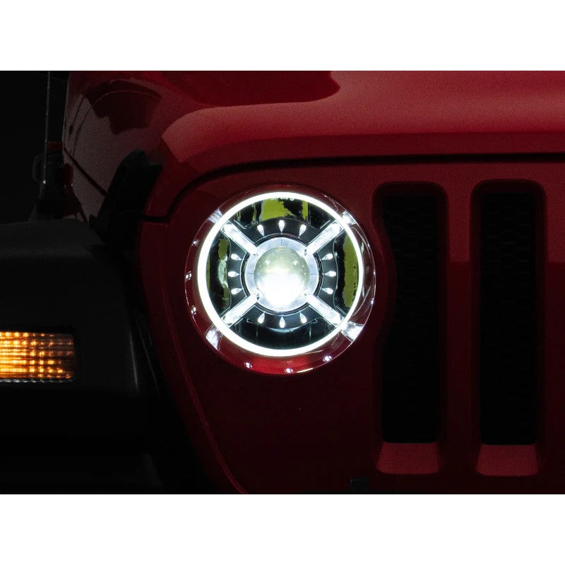 Raxiom 9-inch black housing LED headlights with integrated halo and DRL for 2018-2025 Jeep Wrangler JL and Gladiator JT.
