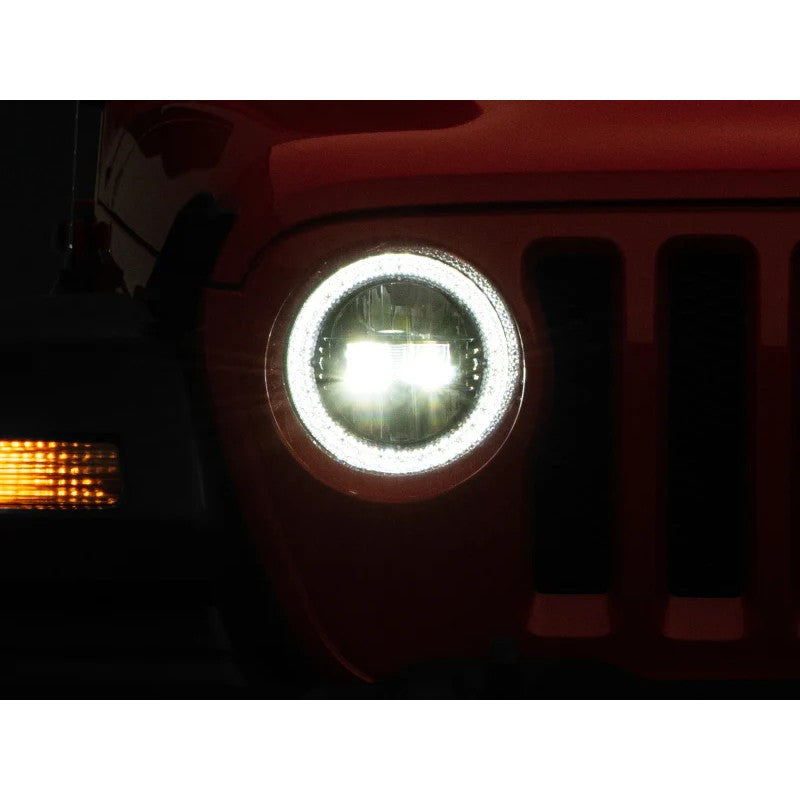 9-inch round black housing LED headlights with white DRL halo rings and clear lenses for Jeep Wrangler and Gladiator.
