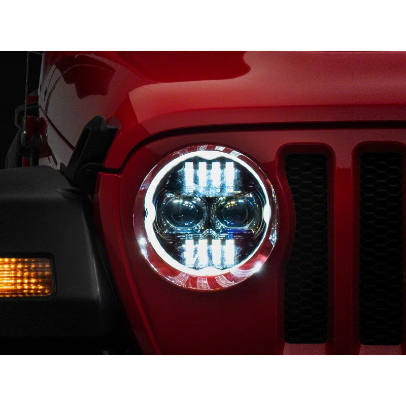 Pair of Raxiom Axial Series 9-inch LED headlights with black housings and clear lenses