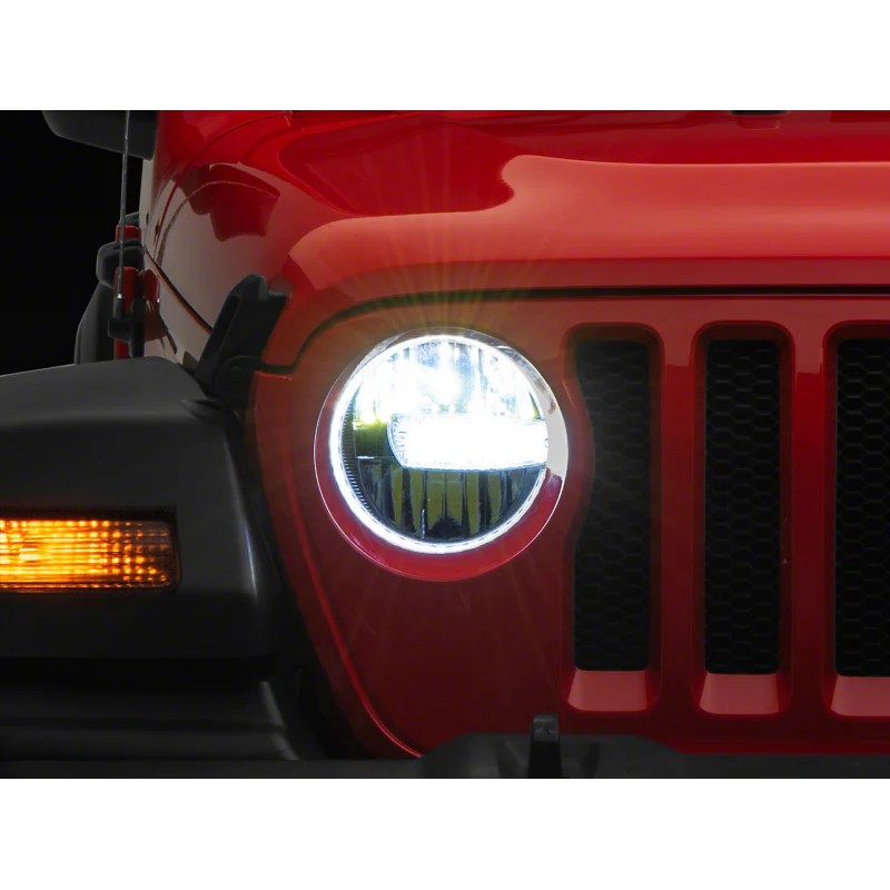 Pair of Raxiom Axial Series 9-inch LED headlights featuring black internal housings and clear polycarbonate lenses.