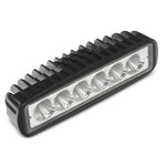Raxiom slim 6-LED off-road flood light with textured black aluminum housing and clear polycarbonate lens.