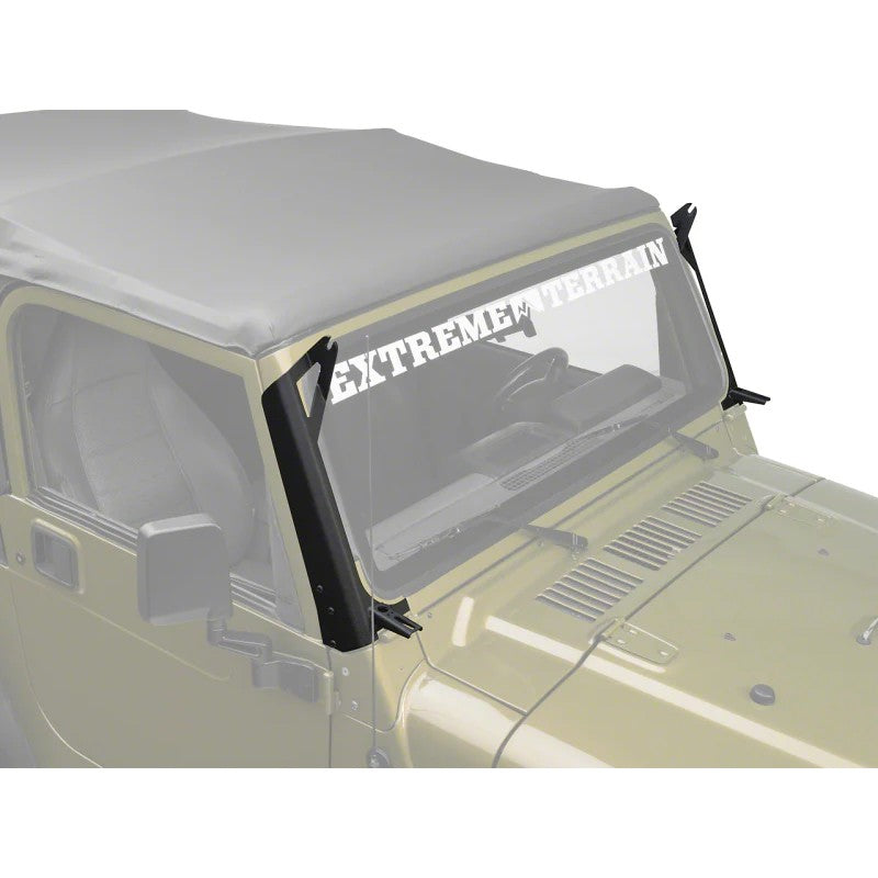 Raxiom textured black steel windshield mounting brackets for 50-inch LED light bar and 3-inch pod lights on Jeep TJ