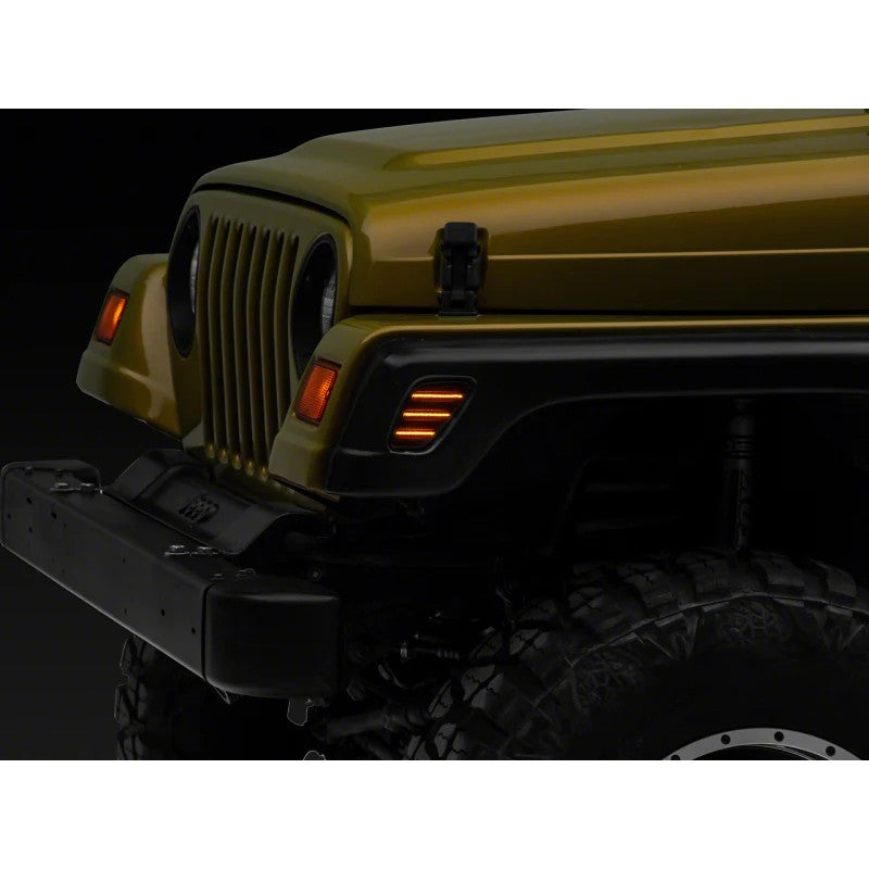 Raxiom Axial Series Smoked LED side marker lamps with amber SMD strips for 1997-2006 Jeep Wrangler TJ.