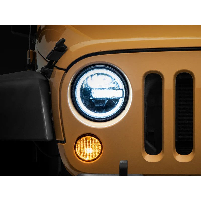 Raxiom 7-inch LED headlights with black housings and white DRL halo rings for 1997-2018 Jeep Wrangler TJ and JK.
