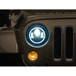 Pair of 7-inch round black housing LED projector headlights with clear lenses and integrated RGB halo rings