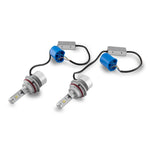 Pair of Raxiom Axial Series 9007 LED bulbs with compact ballasts and wiring harnesses.