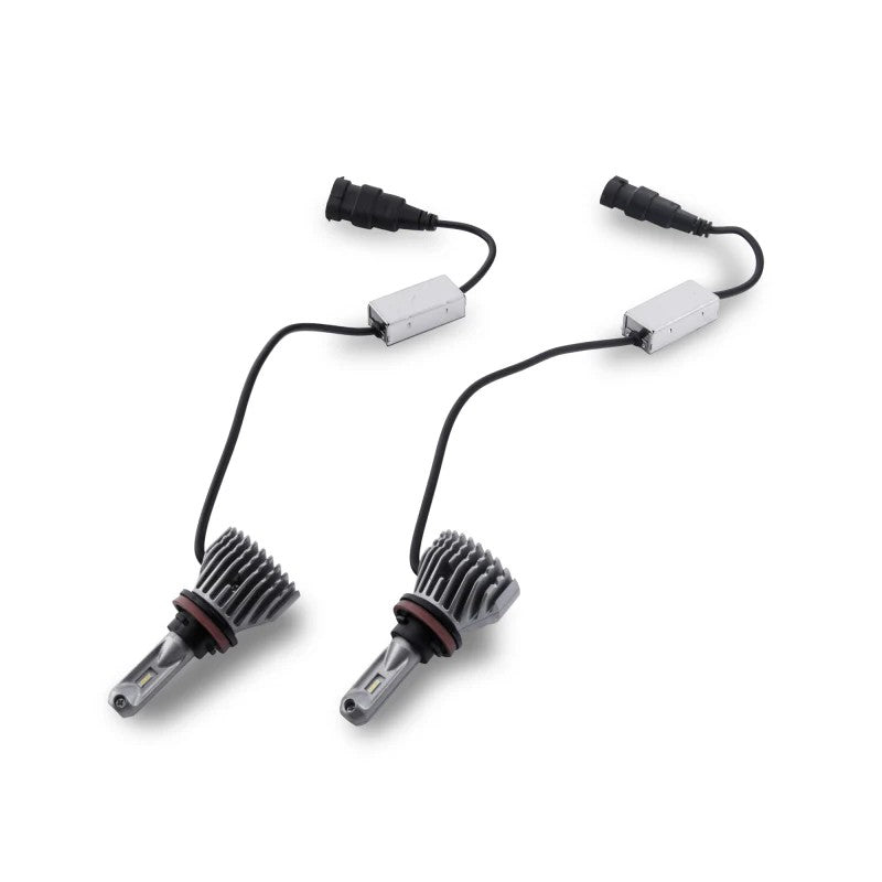 Pair of Raxiom Axial Series H11 LED bulbs featuring SMD chips, external ballasts, and wiring connectors.