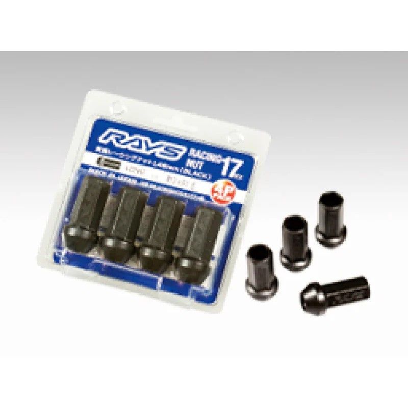 Set of four black Rays 17 Hex L48 extended racing lug nuts with M12x1.5 thread pitch.