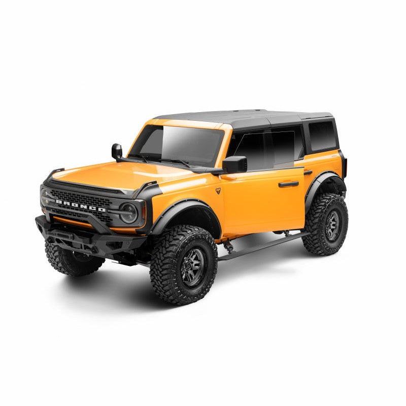 RealTruck VoltStep electric running boards with textured black finish installed on a 2021-2025 Ford Bronco 4-door.