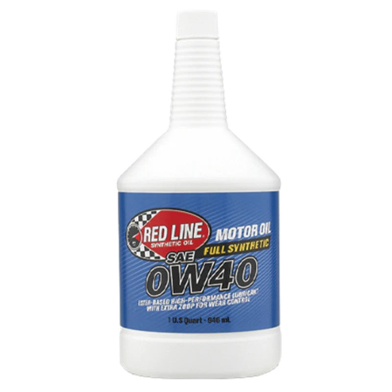 One quart bottle of Red Line 0W40 motor oil featuring the red and white brand label.