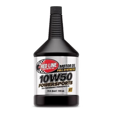 One quart bottle of Red Line 10W50 Powersports synthetic motor oil with red cap and technical label.