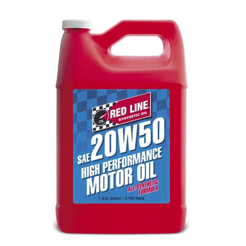 One gallon container of Red Line high performance synthetic 20W50 motor oil