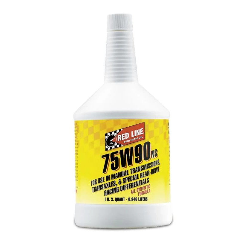 One quart bottle of Red Line 75W90NS High-Performance Synthetic Gear Oil with red cap and label