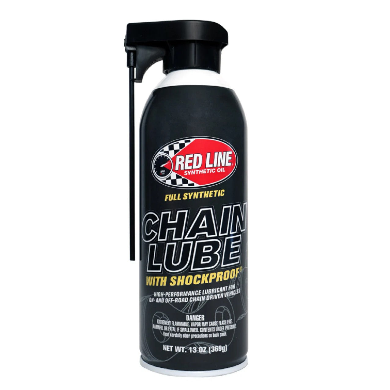 13oz aerosol can of Red Line fully synthetic chain lubricant for O, X, and Z-ring chains.