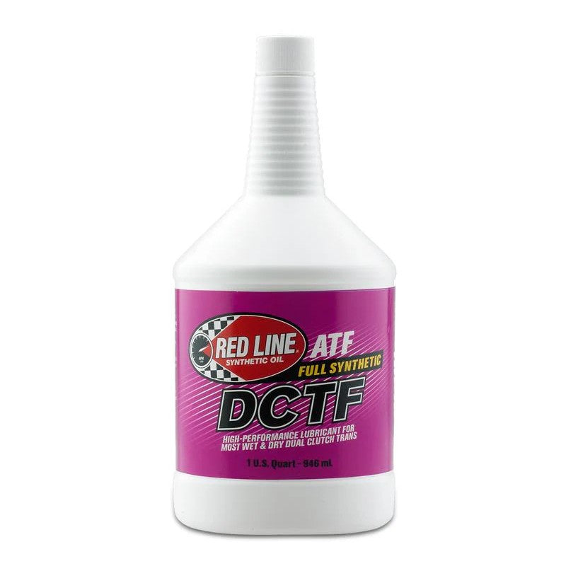 A one quart bottle of Red Line DCTF synthetic dual clutch transmission fluid.