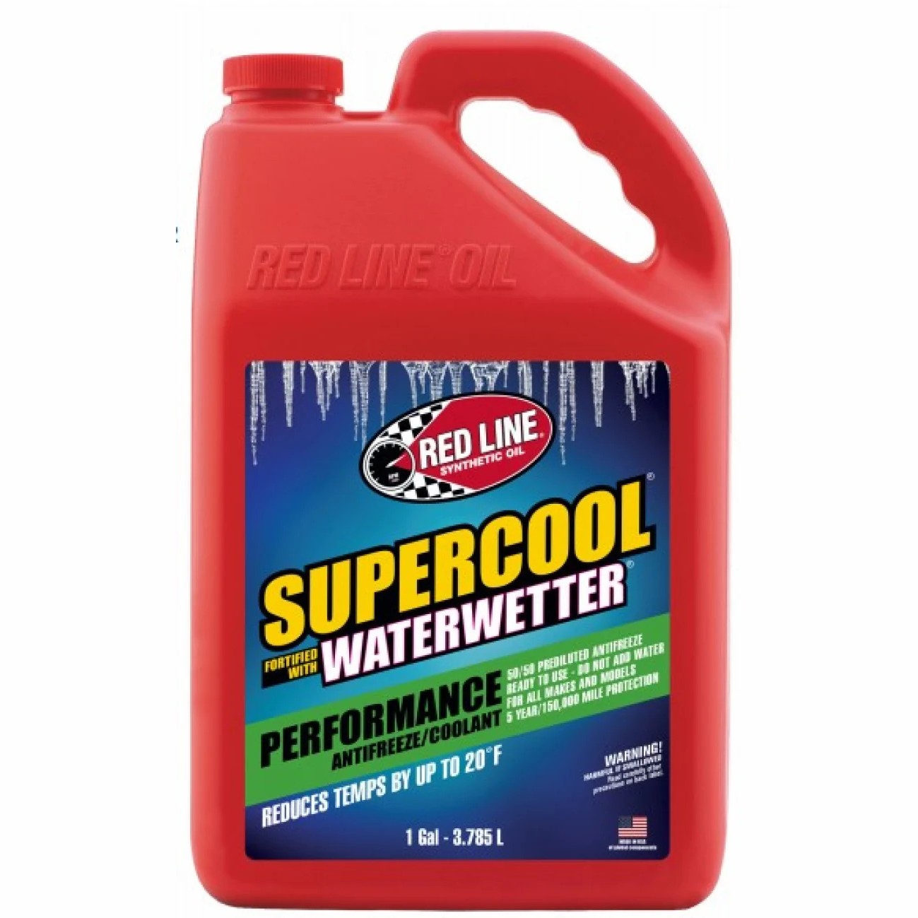 One gallon bottle of Red Line Supercool Performance 50/50 Mix prediluted engine coolant