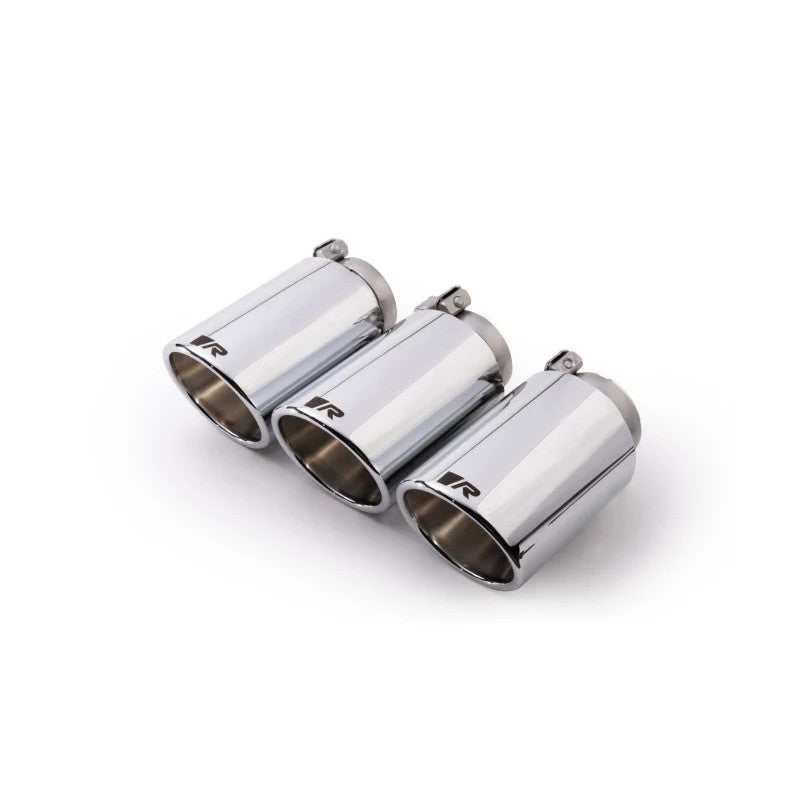 Polished chrome triple exhaust tip set with 102mm angled cuts and adjustable mounting clamps.