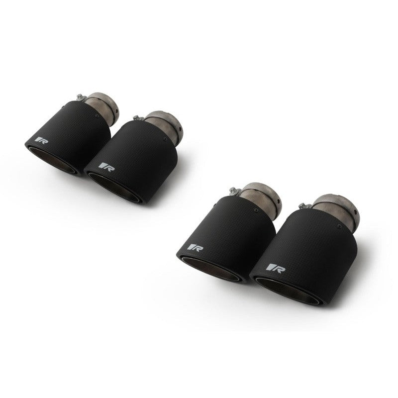 Set of four Remus 102mm carbon fiber exhaust tips with angled cuts and titanium internal liners