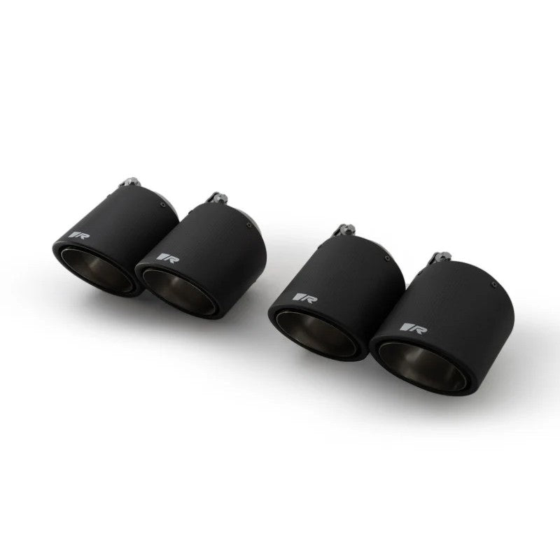 Quad set of Remus 102mm angled exhaust tips featuring carbon fiber sleeves and titanium inner liners.