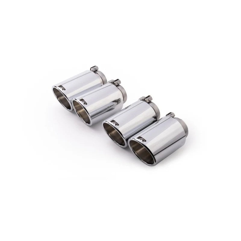 Set of four Remus 102mm chrome-plated stainless steel exhaust tips with angled rolled edges.