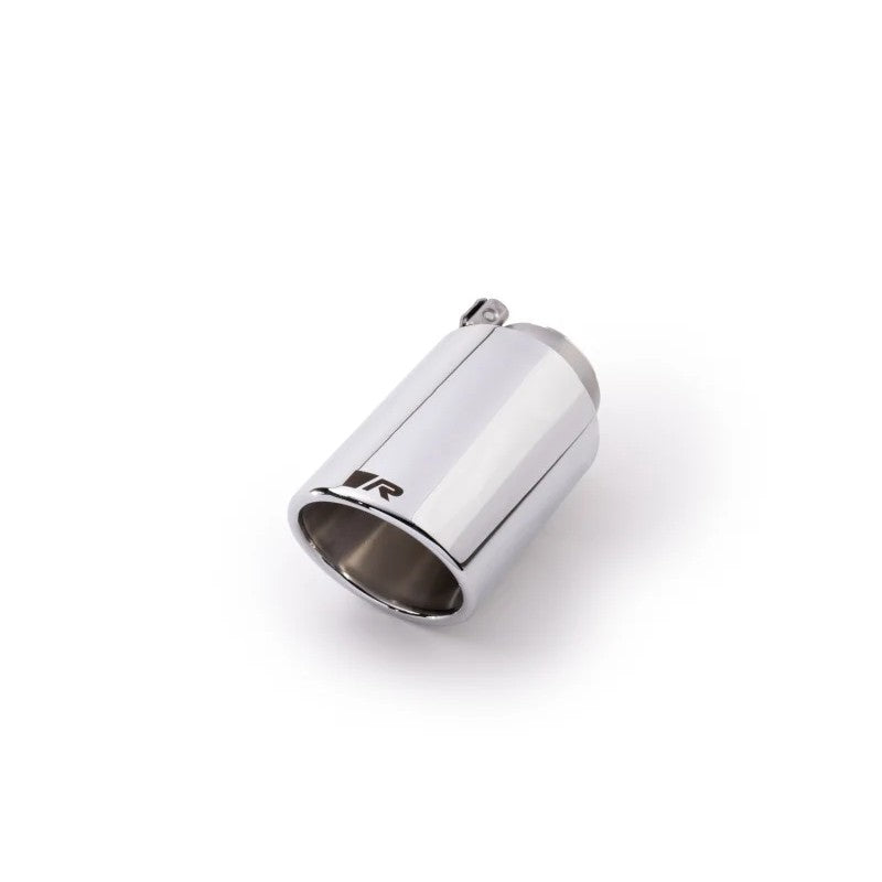Remus 102mm chrome stainless steel exhaust tip featuring an angled rolled edge and adjustable mounting clamp.