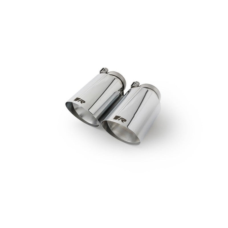Remus 102mm stainless steel chrome tail pipe tips with angled straight-cut design and adjustable mounting clamps.