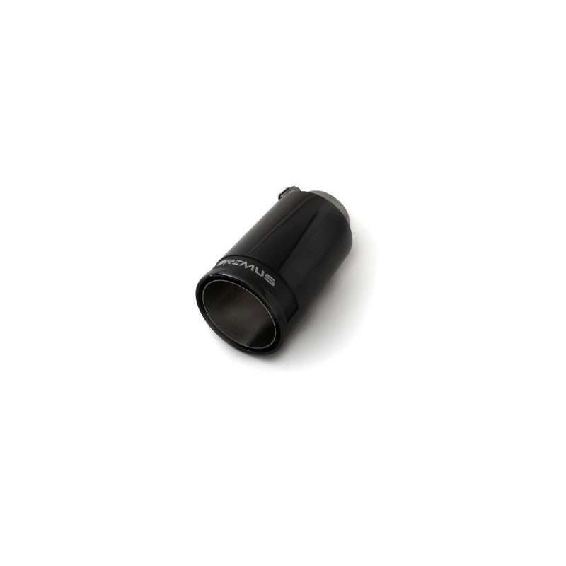 Single 98mm Remus stainless steel exhaust tip in black chrome with a carbon fiber insert and straight-cut edge.