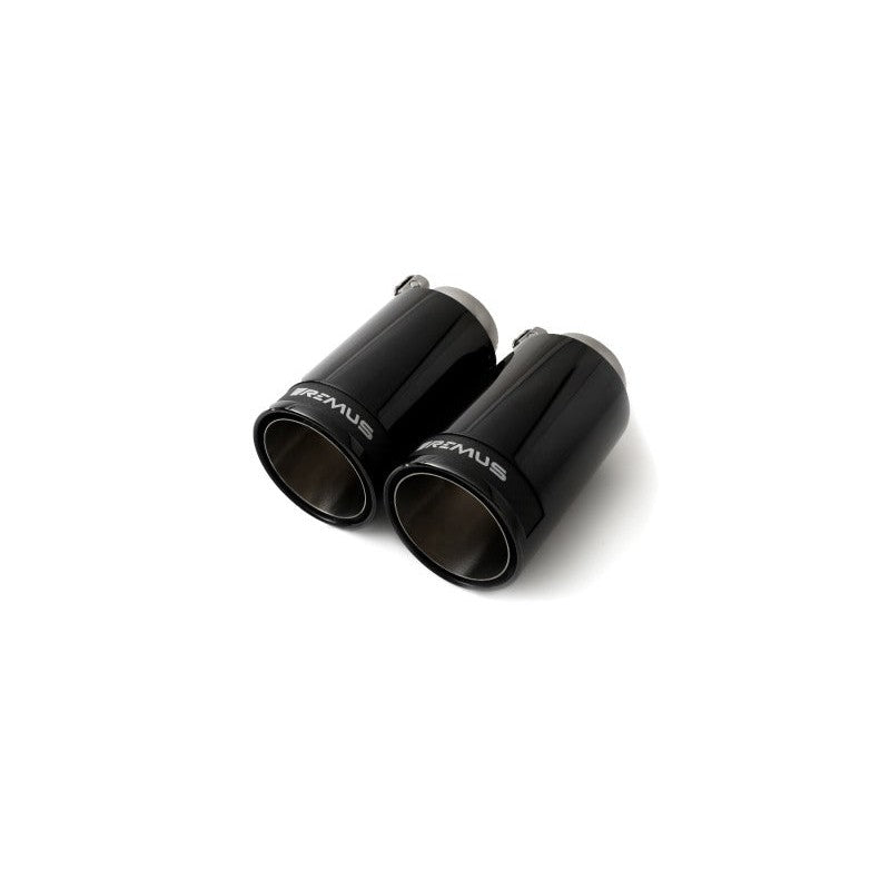 Pair of Remus 98mm straight-cut stainless steel exhaust tips with black chrome finish and carbon fiber inserts.