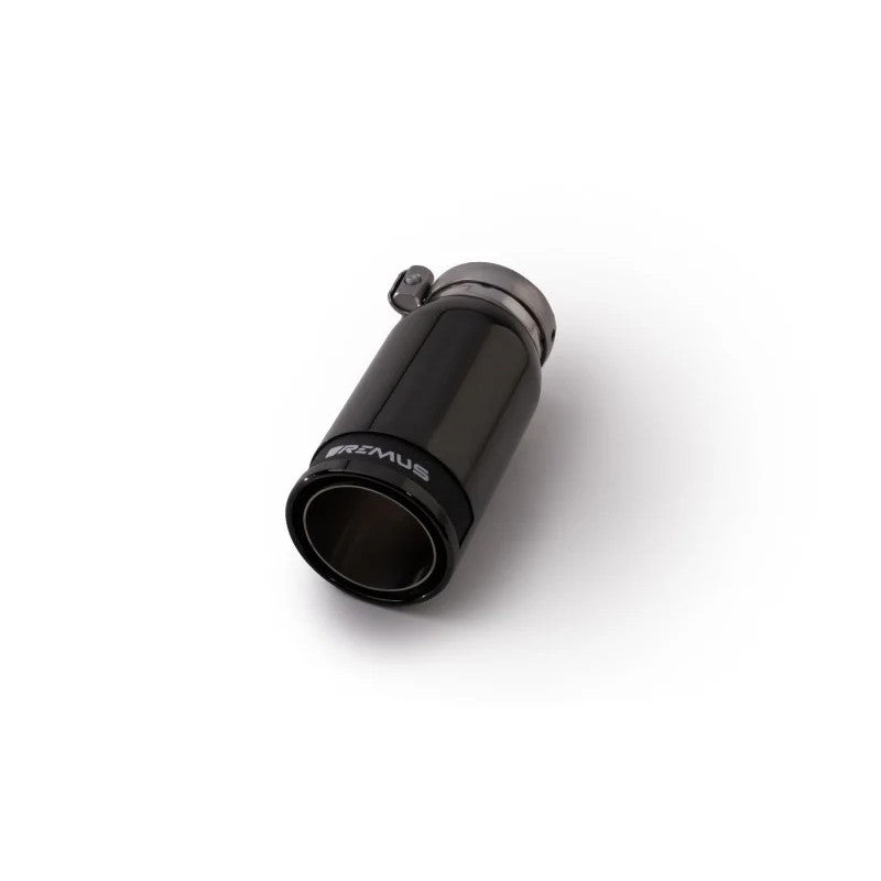 Remus 84mm black chrome straight exhaust tip with carbon fiber insert and adjustable mounting clamp.