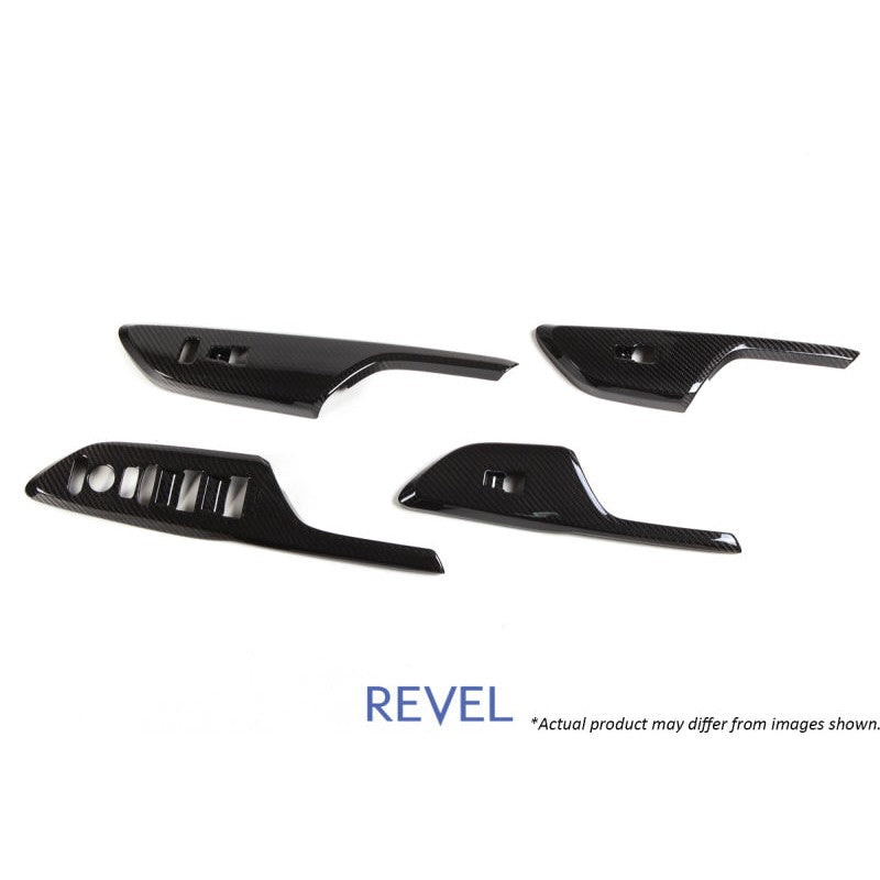 Four piece set of Revel GT dry carbon fiber window switch panel overlays for 2016-2018 Honda Civic.