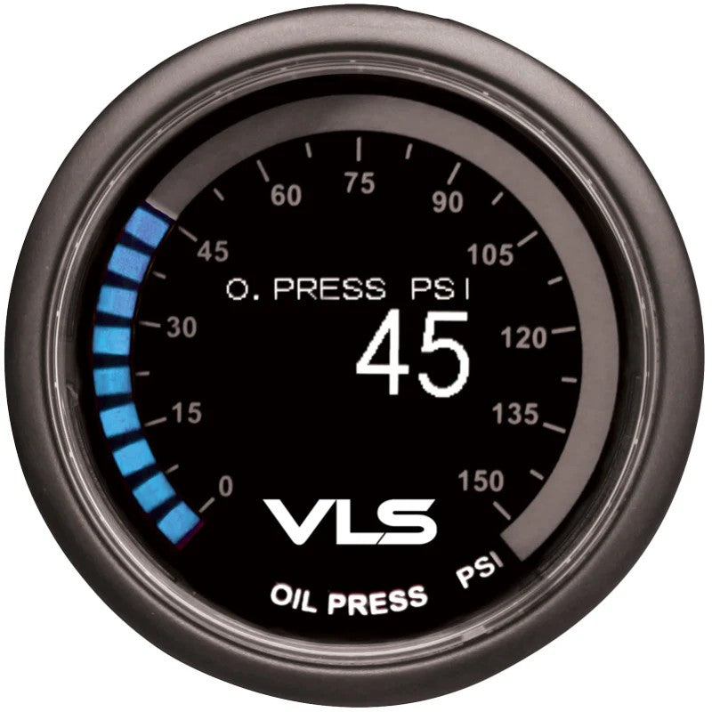 Revel VLS series 52mm digital OLED oil pressure gauge showing a 0-150 PSI range.