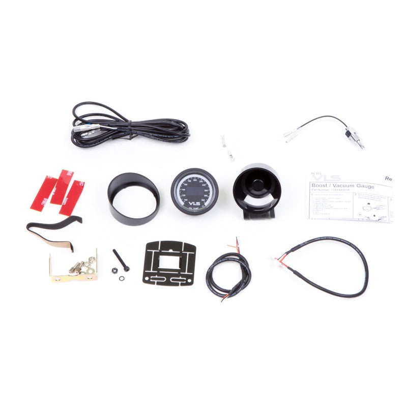 Revel VLS 52mm digital oil temperature gauge with black bezel and bright OLED readout showing 100-300 degree range.
