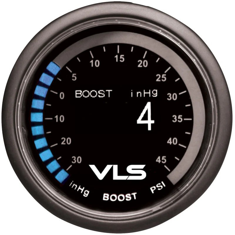 Revel VLS 52mm digital OLED boost gauge with black bezel and numeric pressure display