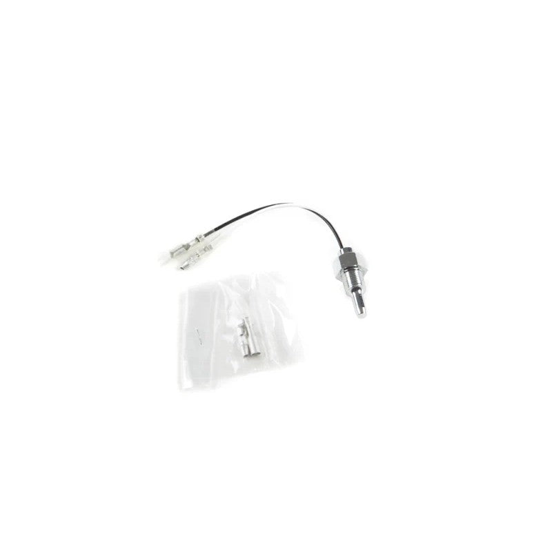 Revel VLS series water temperature sensor featuring a brass threaded probe and electrical wiring harness.