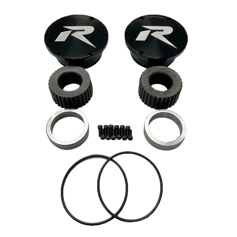 Revolution Gear & Axle Dana 60 drive flange kit featuring machined drive slugs, anodized caps, and hardware.