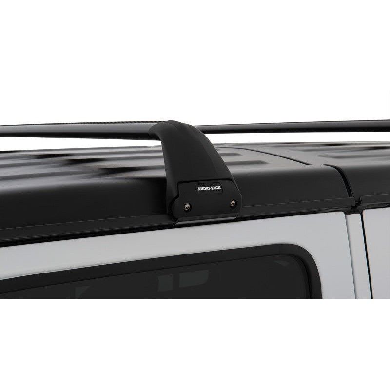 Black Rhino-Rack Vortex SG 2 bar roof rack with flush-style crossbars and rain gutter mounting feet.