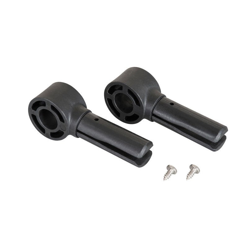 Pair of black engineered nylon replacement hinges for Rhino-Rack Batwing awning pole ends.
