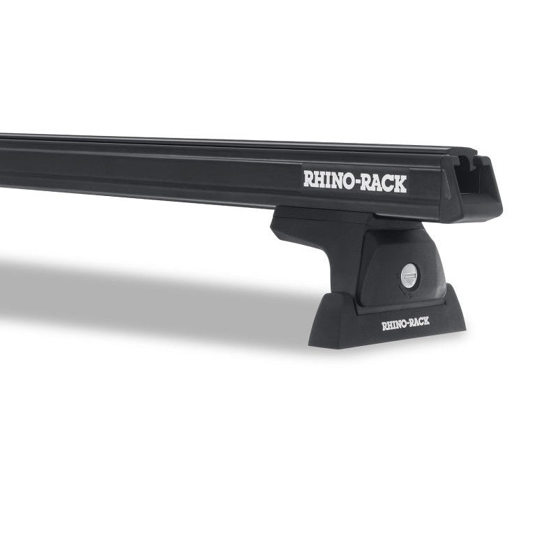 Two black Rhino-Rack Heavy Duty 65 inch crossbars with four RLT600 trackmount legs