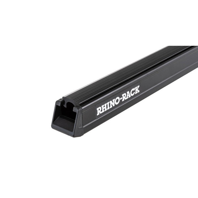Single 59-inch Rhino-Rack Heavy Duty bar in black finish with rubber buffer strip and end caps.