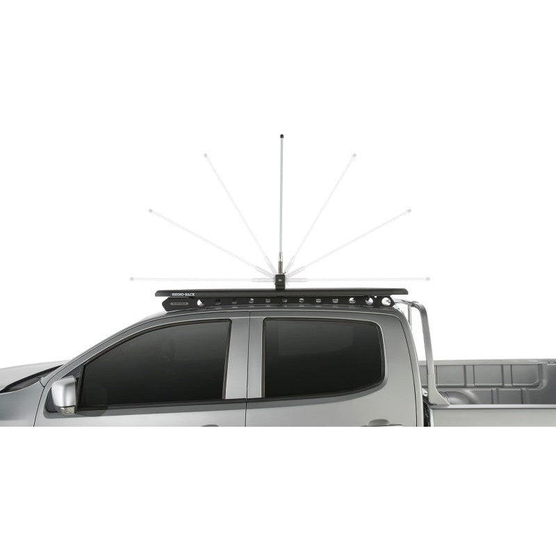Steel Rhino-Rack 43196 folding bracket for antennas and LED lights, showing 180-degree pivot and C-channel mount.