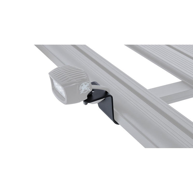 Black powder-coated steel Rhino-Rack Pioneer Worklight Bracket for mounting off-road lights.