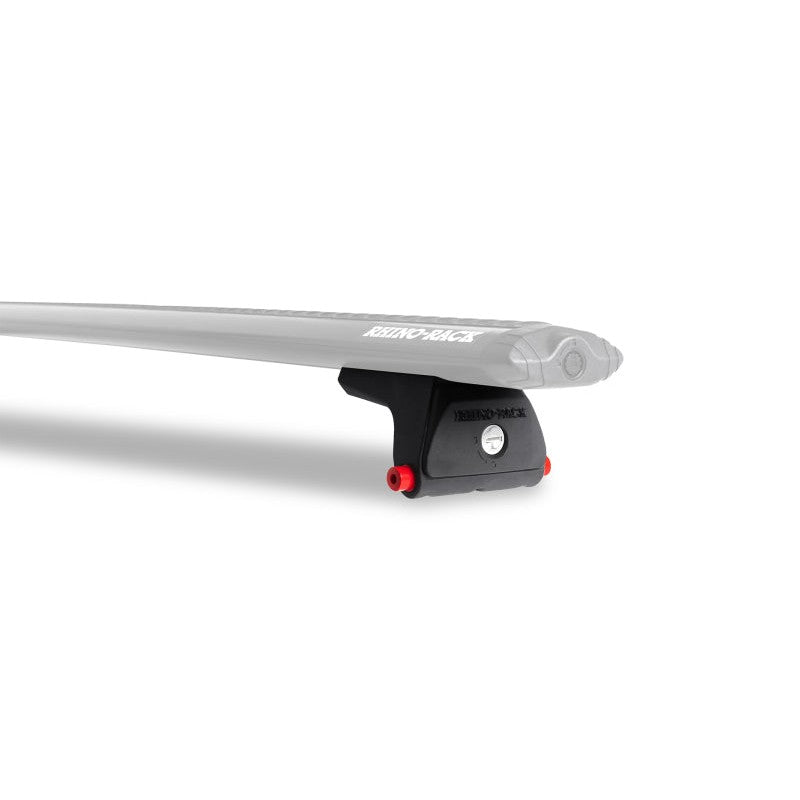 Two black Rhino-Rack RLT600H Quick Mount legs with trigger locking mechanism for roof rack track mounting.