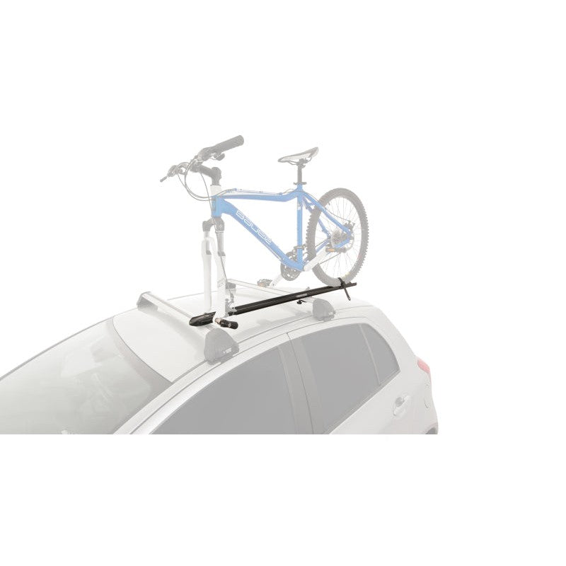 Rhino-Rack Road Warrior fork-mount roof bike carrier for C-channel crossbars showing locking skewer and wheel strap.