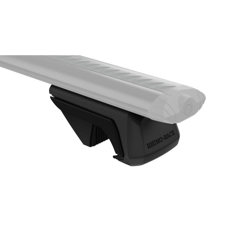 Set of four black Rhino-Rack RX100 raised leg mounts for vehicle roof rail systems.