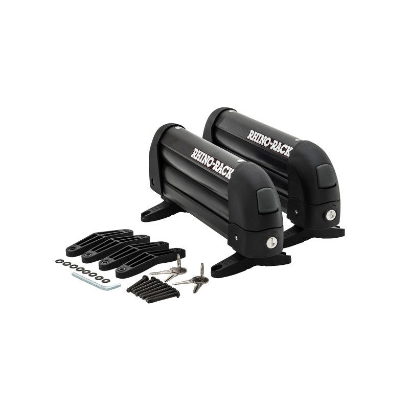 Black Rhino-Rack 572 roof rack ski carrier with locking mechanism and large release button.