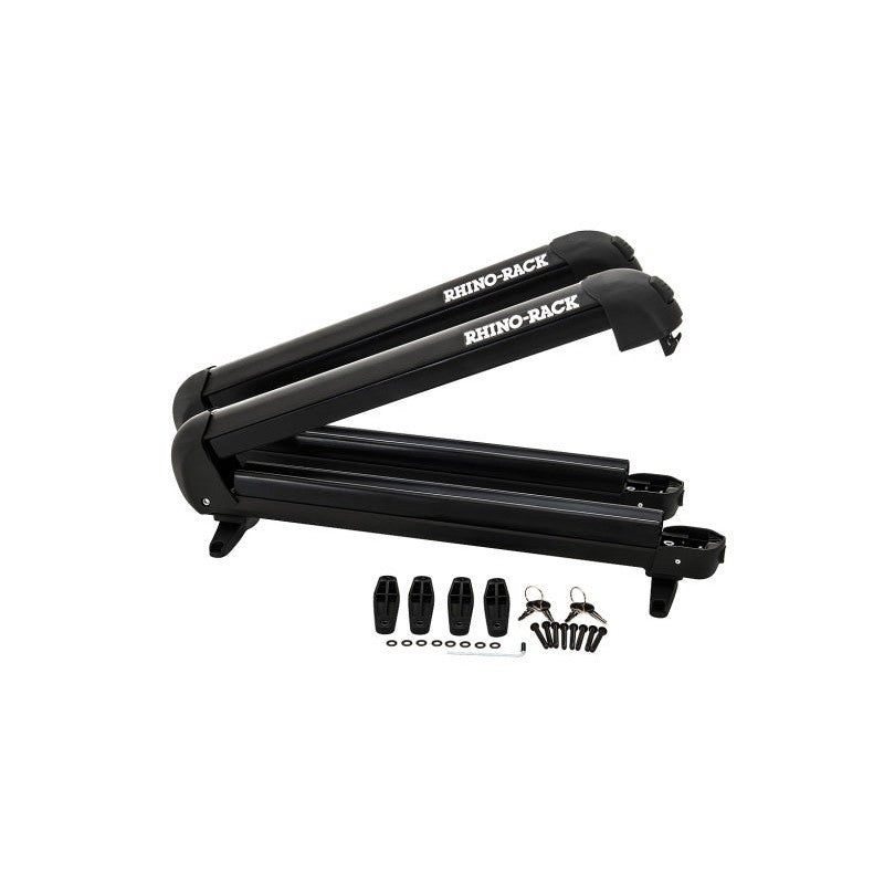 Black Rhino-Rack 574 roof-mounted ski and snowboard carrier with locking mechanism and glove-friendly release.