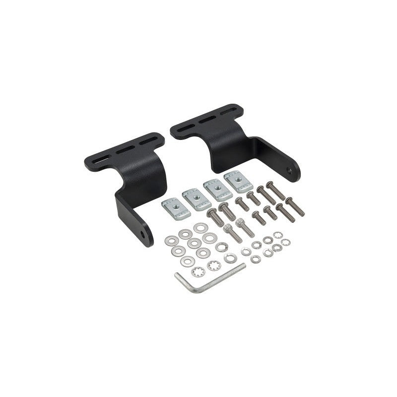 Pair of black powder-coated stainless steel LED light brackets for Rhino-Rack Vortex and Heavy Duty crossbars.